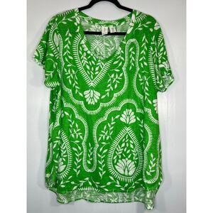 Joie Women Short sleeve Blouse Linen Paisley tropical beach Size 1X Green/White